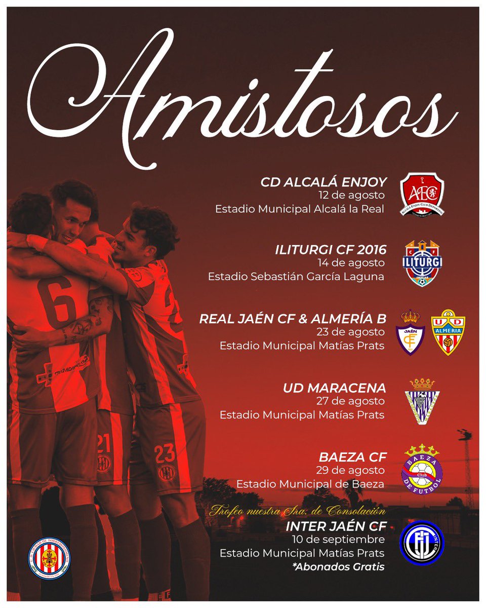 UDC Torredonjimeno (@udctoficial) on Twitter photo Esta será nuestra pretemporada 🔥
🚌 12 Agosto 🆚 <a href="/AlcalaEnjoy/">ALCALÁ ENJOY</a>
🚌 14 Agosto 🆚 <a href="/iliturgi_cf/">𝗜𝗹𝗶𝘁𝘂𝗿𝗴𝗶 𝗖𝗙 𝟮𝟬𝟭𝟲</a>
🏠 23 Agosto 🆚 <a href="/RealJaenCF/">Real Jaén C.F.</a> & <a href="/AcademiaUDA/">UD Almería B y Academia UD Almería</a>
🏠 27 Agosto 🆚 <a href="/udmaracena1945/">UD Maracena</a>
🚌 29 Agosto 🆚 <a href="/BAEZACF/">BAEZA CF</a>
🏠 10 Septiembre 🆚 <a href="/InterJaen/">Inter Jaén C.F.</a> (Trofeo nuestra Sra de Consolación / Abonados Esta será nuestra pretemporada 🔥
🚌 12 Agosto 🆚 <a href="/AlcalaEnjoy/">ALCALÁ ENJOY</a>
🚌 14 Agosto 🆚 <a href="/iliturgi_cf/">𝗜𝗹𝗶𝘁𝘂𝗿𝗴𝗶 𝗖𝗙 𝟮𝟬𝟭𝟲</a>
🏠 23 Agosto 🆚 <a href="/RealJaenCF/">Real Jaén C.F.</a> & <a href="/AcademiaUDA/">UD Almería B y Academia UD Almería</a>
🏠 27 Agosto 🆚 <a href="/udmaracena1945/">UD Maracena</a>
🚌 29 Agosto 🆚 <a href="/BAEZACF/">BAEZA CF</a>
🏠 10 Septiembre 🆚 <a href="/InterJaen/">Inter Jaén C.F.</a> (Trofeo nuestra Sra de Consolación / Abonados