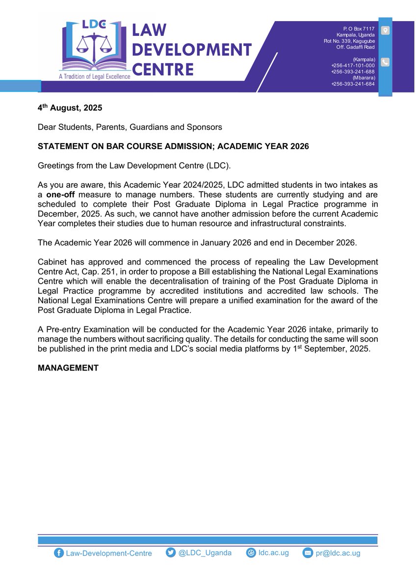 STATEMENT ON BAR COURSE ADMISSION; ACADEMIC YEAR 2026