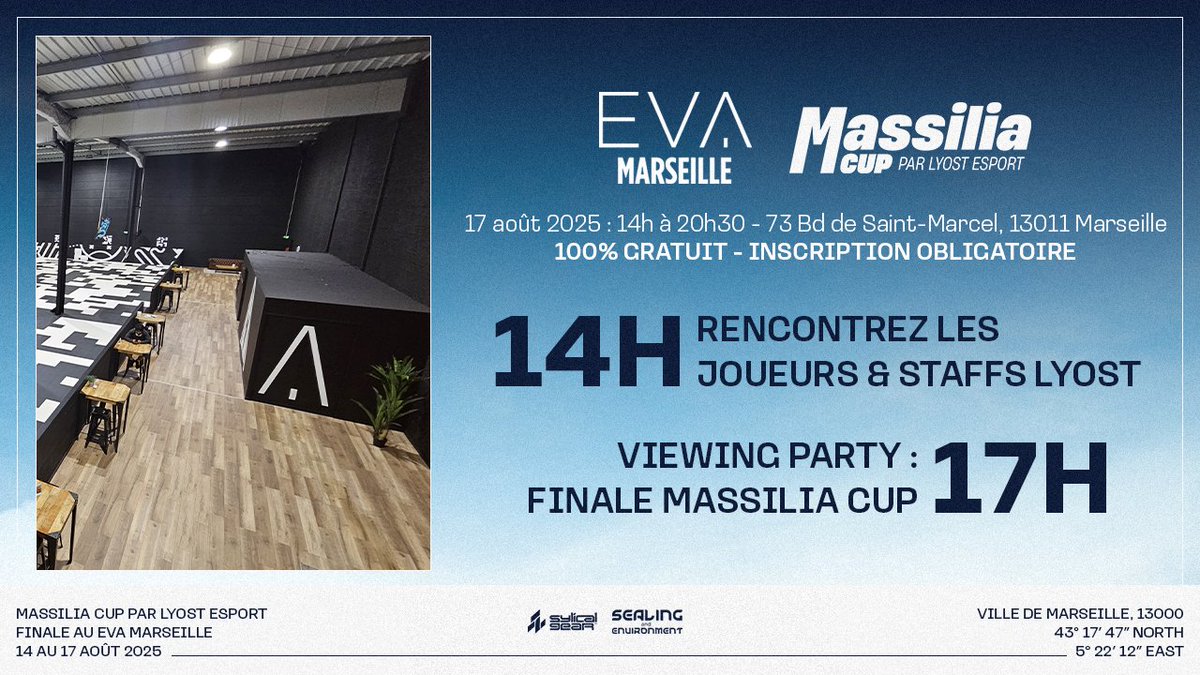 lyost_esport's tweet image. SURPRISE : MASSILIA CUP x @EVA__Marseille ! 🎉

Rejoignez-nous le dimanche 17 août à l'occasion de la finale de la Massilia Cup chez EVA Marseille.

🔸 14h : Rencontre avec les joueurs et staffs Lyost
🔸 17h : Viewing party de la finale

Lien pour l'inscription juste ici ⤵️