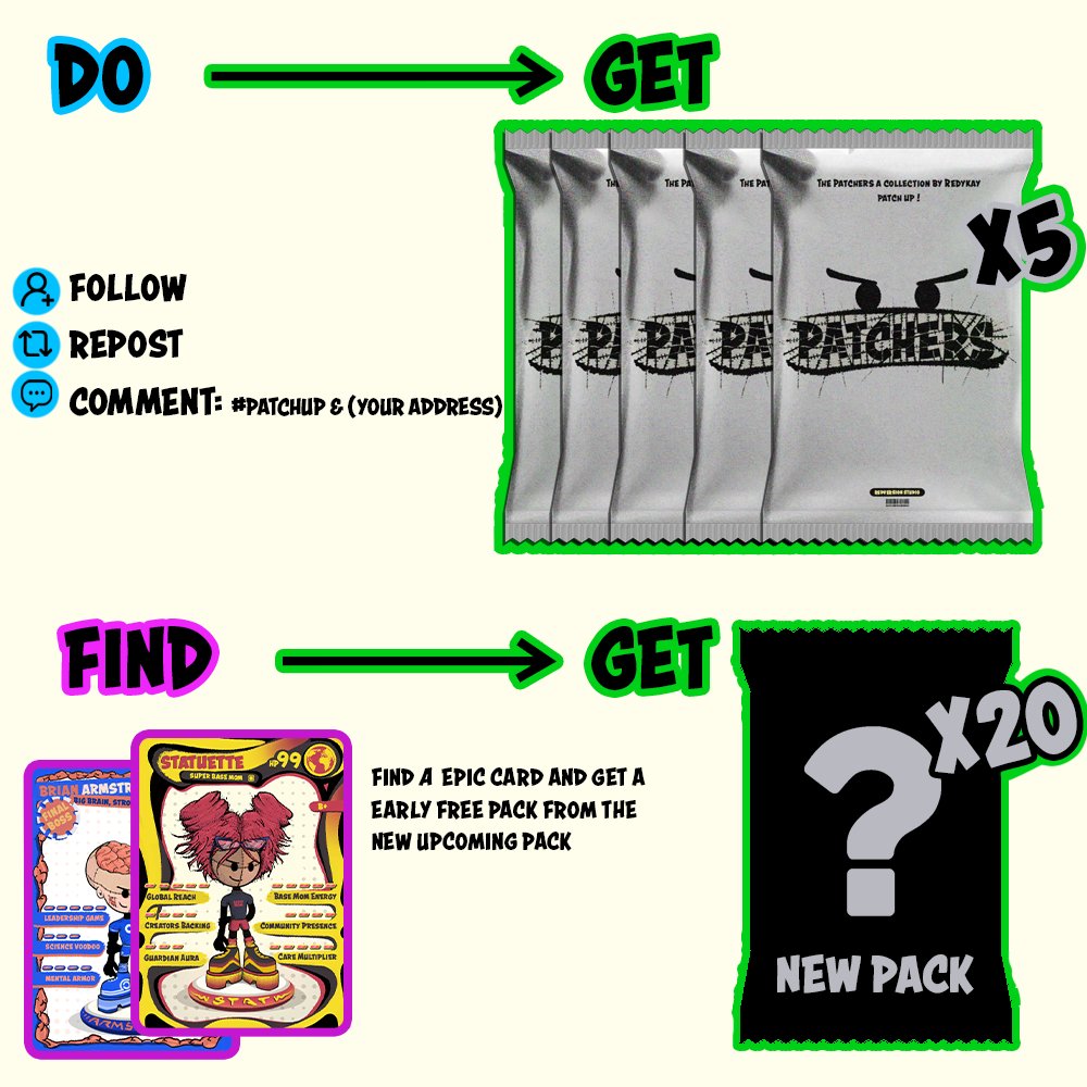 red (@redykay_eth) on Twitter photo π Patchers Giveaway is LIVE!
There are Two ways to win β
Way 1:
1β£Follow
2β£Repost
3β£Comment: #PATCHUP & (Your address)
To get a chance to win a sealed #patchers pack
Way 2:
Find <a href="/CryptoStatuette/">statuette.base.eth</a> or <a href="/brian_armstrong/">Brian Armstrong</a> epic card and quote a screenshot of it to get a chance to π Patchers Giveaway is LIVE!
There are Two ways to win β
Way 1:
1β£Follow
2β£Repost
3β£Comment: #PATCHUP & (Your address)
To get a chance to win a sealed #patchers pack
Way 2:
Find <a href="/CryptoStatuette/">statuette.base.eth</a> or <a href="/brian_armstrong/">Brian Armstrong</a> epic card and quote a screenshot of it to get a chance to