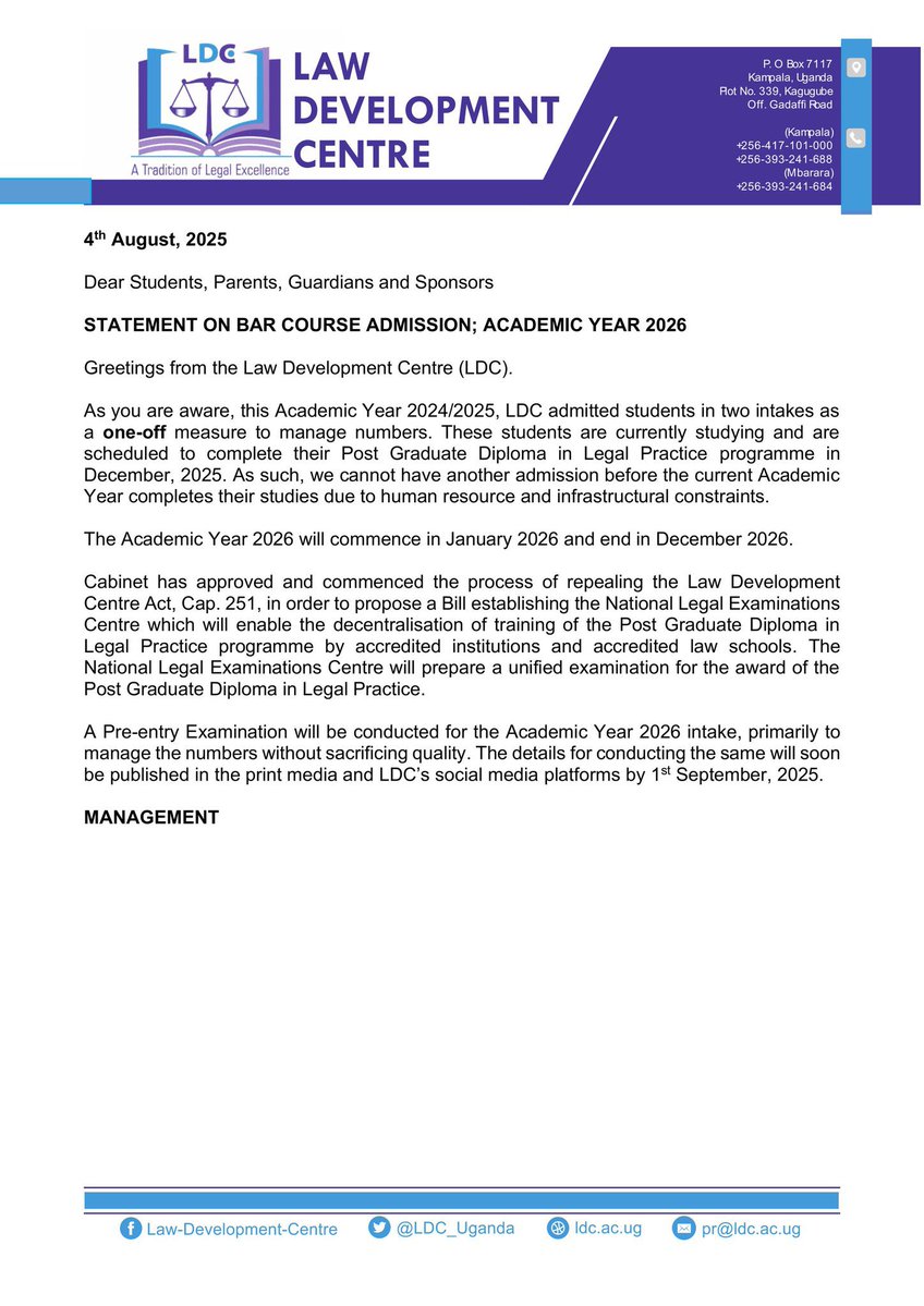 Alfred Muyaaka (@muyaakaalfred) on Twitter photo To whom it may concern, you may now start preparing for the #BAR course pre_entry exams <a href="/LDC_Uganda/">Law Development Centre</a> To whom it may concern, you may now start preparing for the #BAR course pre_entry exams <a href="/LDC_Uganda/">Law Development Centre</a>