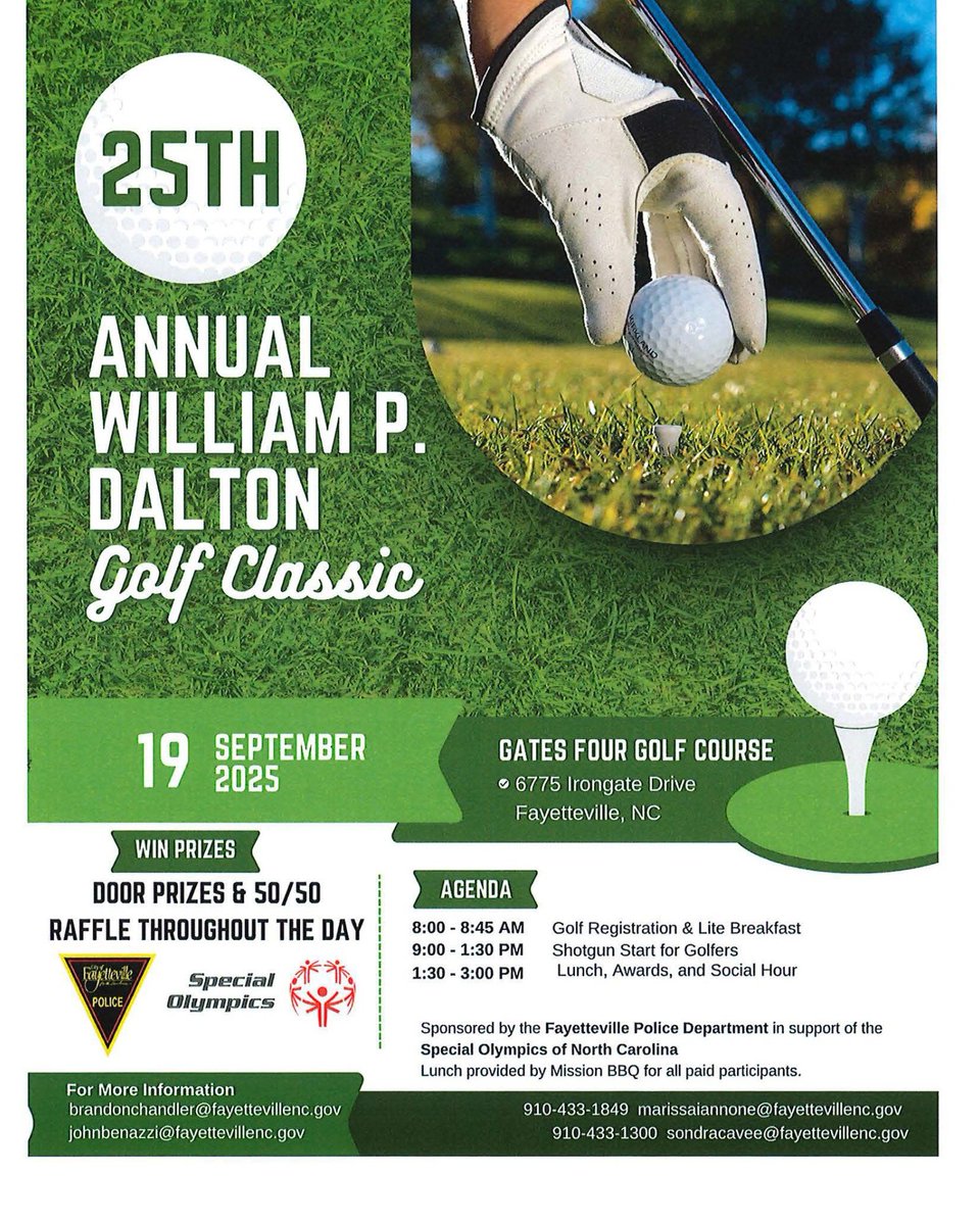 Fayetteville Police (@fayettevillepd) on Twitter photo FAYPD is hosting the 25th Annual William Dalton Golf Tournament to benefit Special Olympics NC!
đź“… Sept 19, 2025
📍 Gates Four Golf Club
100% of proceeds support athletes with intellectual disabilities.
We’re looking for sponsors!
đź“© BrandonChandler@FayettevilleNC.gov
#FAYPD FAYPD is hosting the 25th Annual William Dalton Golf Tournament to benefit Special Olympics NC!
đź“… Sept 19, 2025
📍 Gates Four Golf Club
100% of proceeds support athletes with intellectual disabilities.
We’re looking for sponsors!
đź“© BrandonChandler@FayettevilleNC.gov
#FAYPD