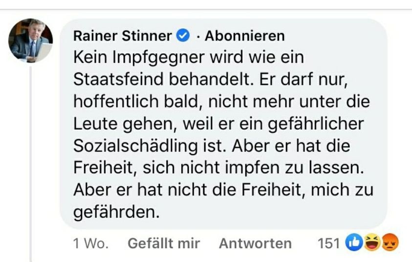 "Kein Impfgegner wird wie ein Staatsfeind behandelt. Er darf nur, hoffentlich bald, nicht mehr unter die Leute gehen, weil er ein gefährlicher Sozialschädling ist."

#RichtigErinnern August 2021