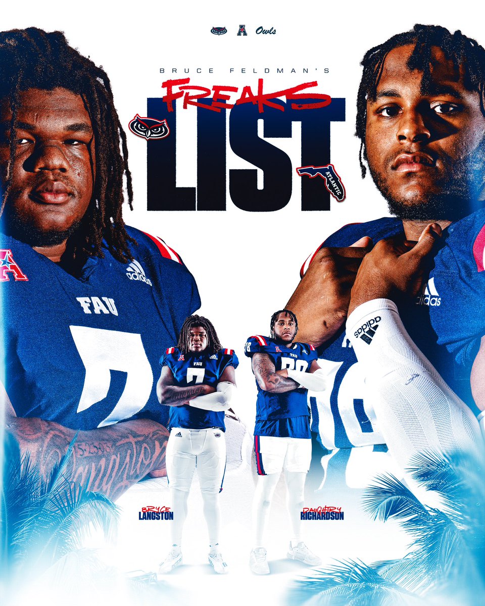 Florida Atlantic Football (@faufootball) on Twitter photo Two Owls on the 2025 <a href="/BruceFeldmanCFB/">Bruce Feldman</a> College Football Freaks List!💪
#WIP🏝️ Two Owls on the 2025 <a href="/BruceFeldmanCFB/">Bruce Feldman</a> College Football Freaks List!💪
#WIP🏝️