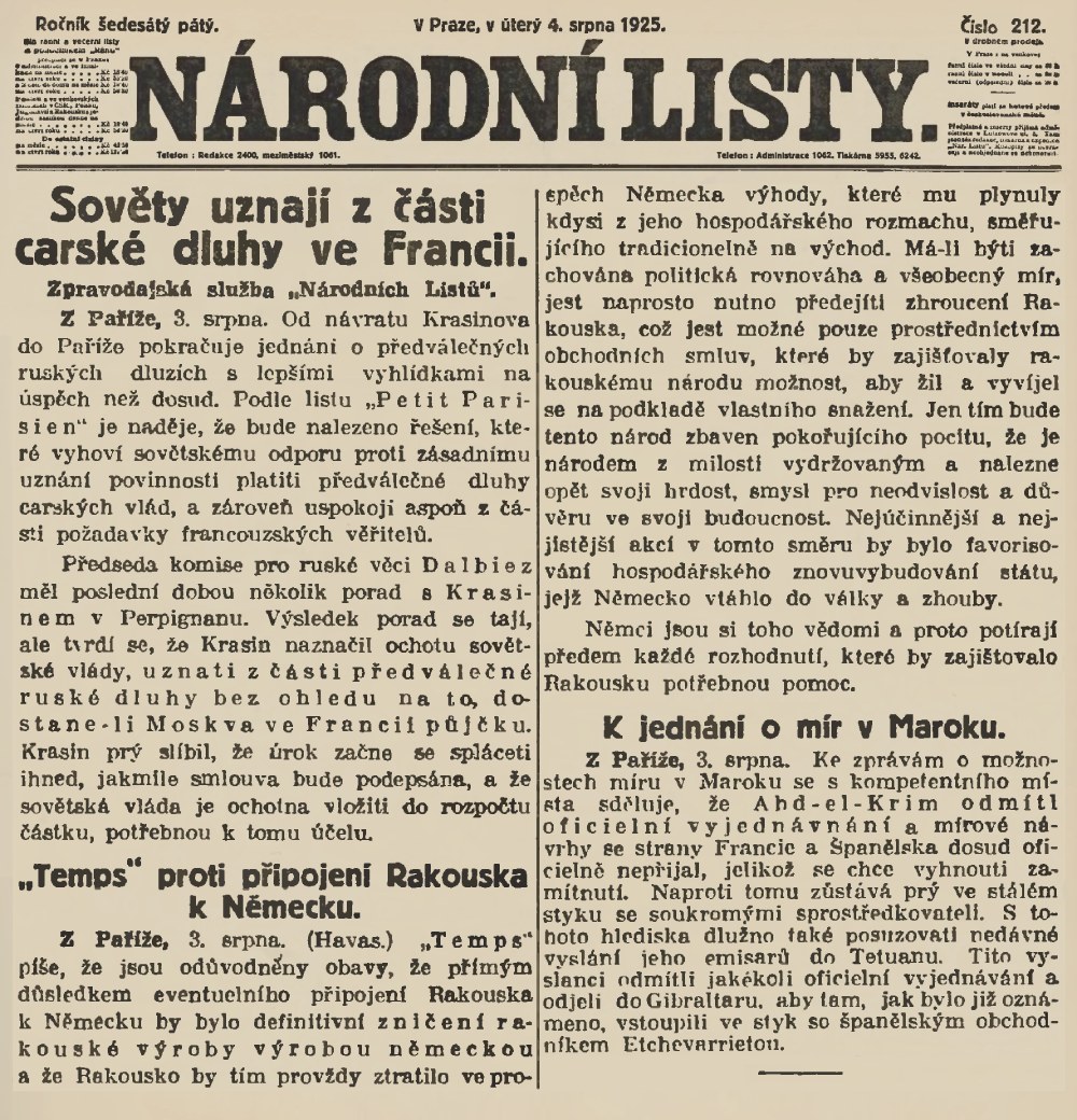 Národní Politika; ranní vydání; 4.8.1925
#CeskeListyHistoricke #Valka #Historie #Pred100lety