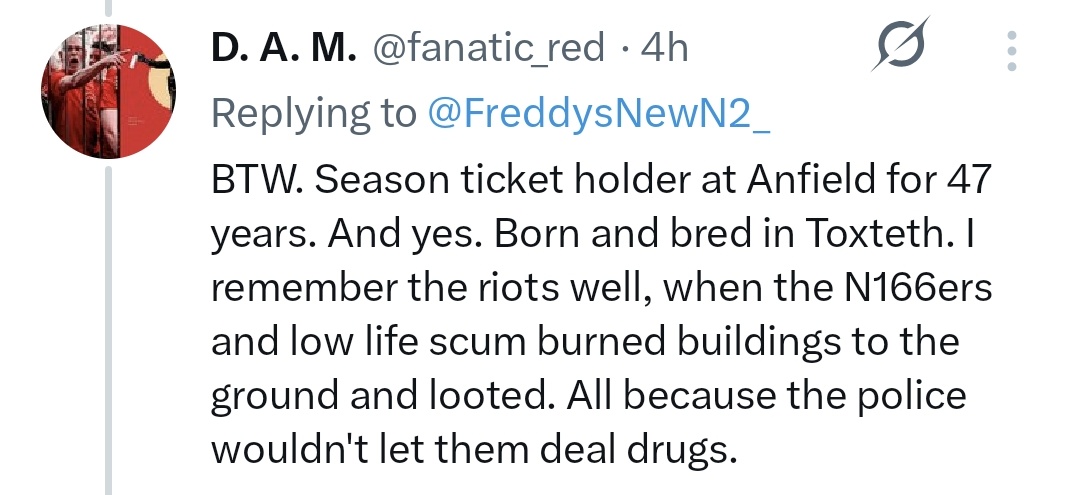 The Toxteth riots were fuck all to do with selling drugs you horrible twat. They were about Thatchers orchestrated decline of my City.She also flooded the streets with heroin destroying a generation. The people in the area had enough of police brutality &amp; poverty. Black &amp; White🖕