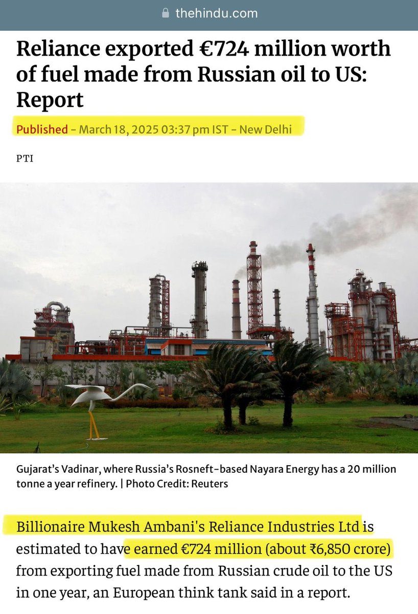 🚨DOUBLE WHAMMY for Indians.

💰Mukesh Ambani led Reliance Group and Modi Government have EARNED those BIG PROFITS by buying cheap Russian Oil and selling it at premium in the Market.

💵Even the poorest of Indians have bought Petrol/Diesel at premium Market rates from them.

📈