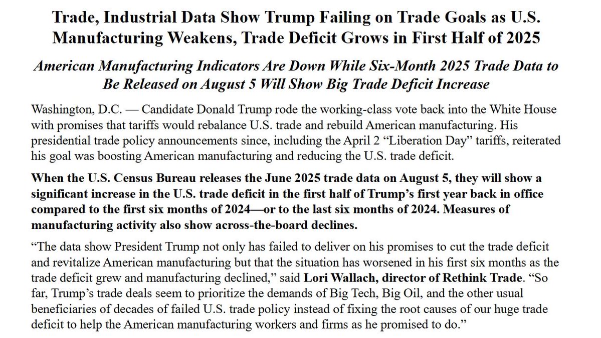 American Economic Liberties Project (@econliberties) on Twitter photo With new trade data coming tomorrow, indicators from Trump’s first six months already show the opposite of what he promised: a larger trade deficit and decline in manufacturing.
<a href="/RethinkTrade/">Rethink Trade</a>'s latest memo breaks down the data👇 With new trade data coming tomorrow, indicators from Trump’s first six months already show the opposite of what he promised: a larger trade deficit and decline in manufacturing.
<a href="/RethinkTrade/">Rethink Trade</a>'s latest memo breaks down the data👇
