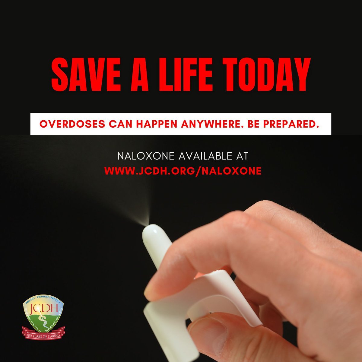 Overdoses can happen anywhere. Are you ready to respond?

Naloxone is a life-saving medicine that can reverse an opioid overdose. Visit JCDH.ORG/NALOXONE to access naloxone and receive training that equips you with the knowledge and skills to act in an emergency.