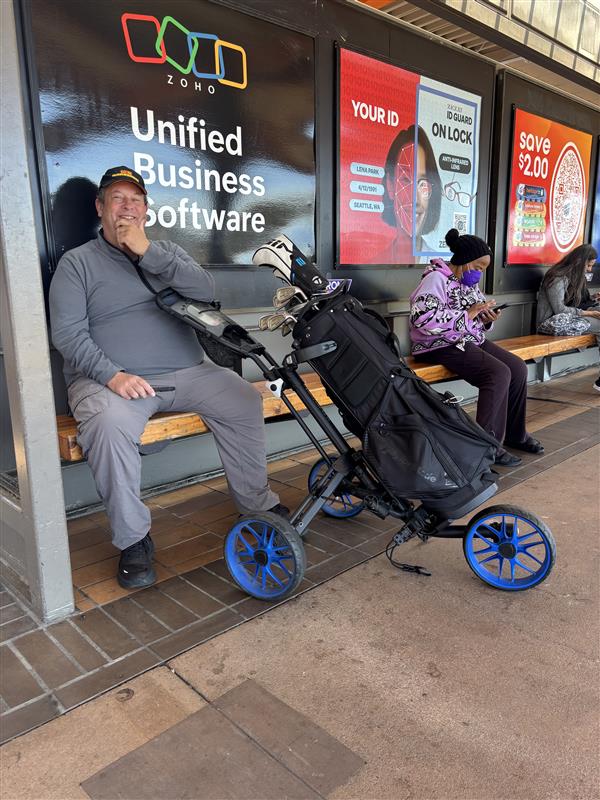 Spotted on BART: Golfer Kyle taking BART to hit the links in San Leandro.

We recently bumped into him while en route to the course, clubs and all. Once he gets to the station, Kyle said he takes the bus or has a friend or rideshare pick him up to travel the rest of the way to