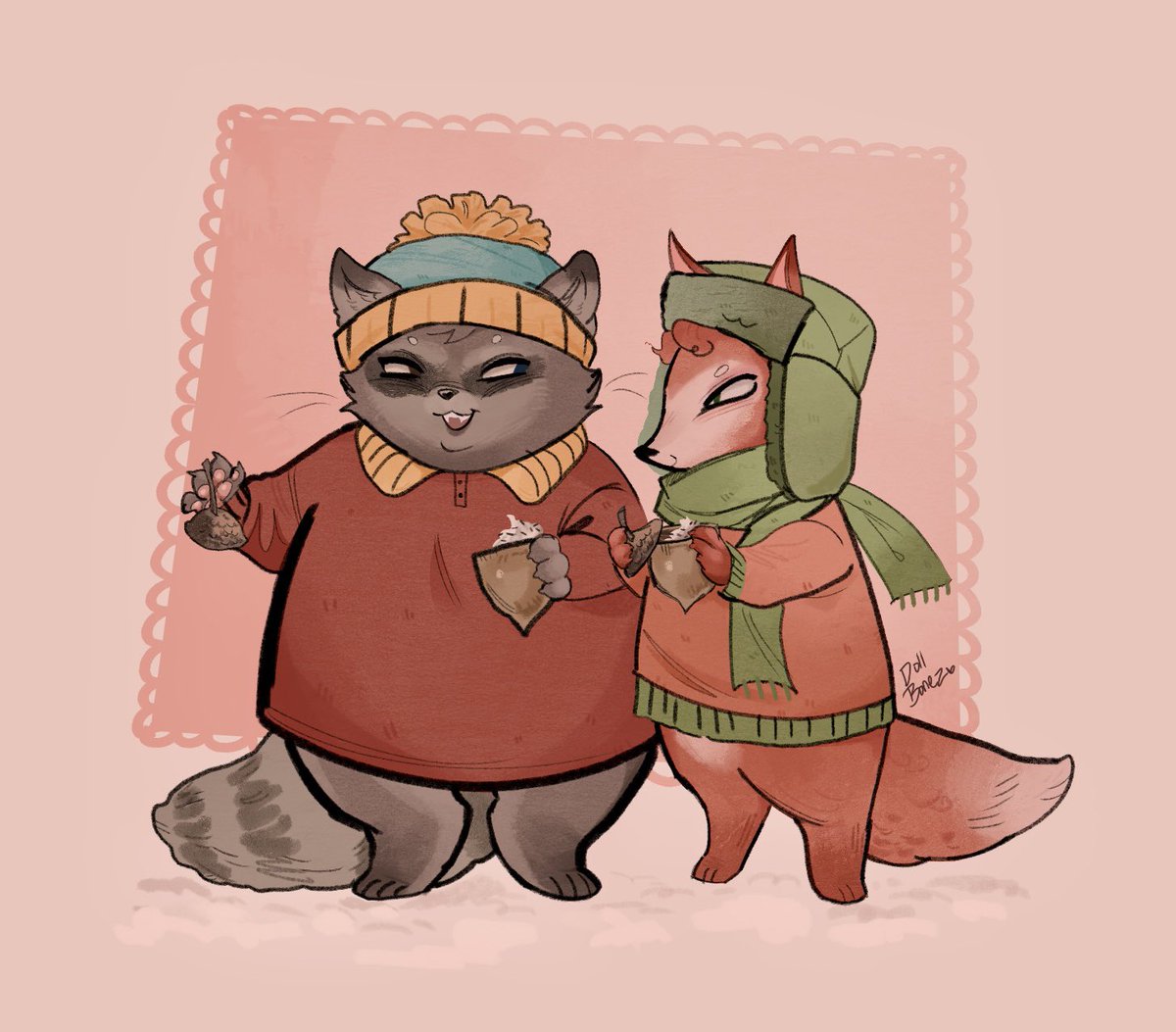 I was in the mood to draw some anthropomorphic.  Theyre holding hot chocolate served in acorns 🌰 :D
#southpark #kyman #sptwt