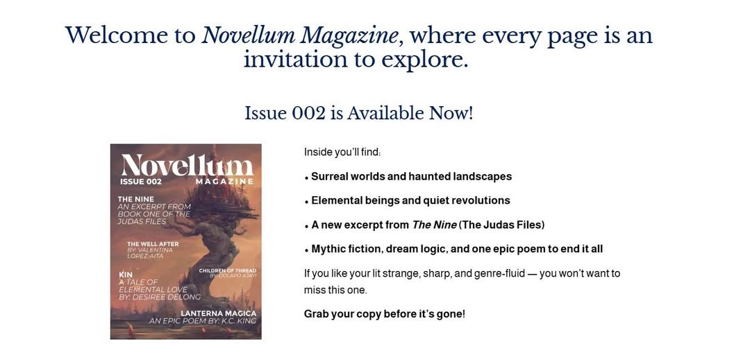 Don't miss out: Pick up the latest issue of Novellum Magazine and read my short story "The Right Mark!" Thump that link and snag your copy: novellummagazine.com
It's available in physical and digital versions!