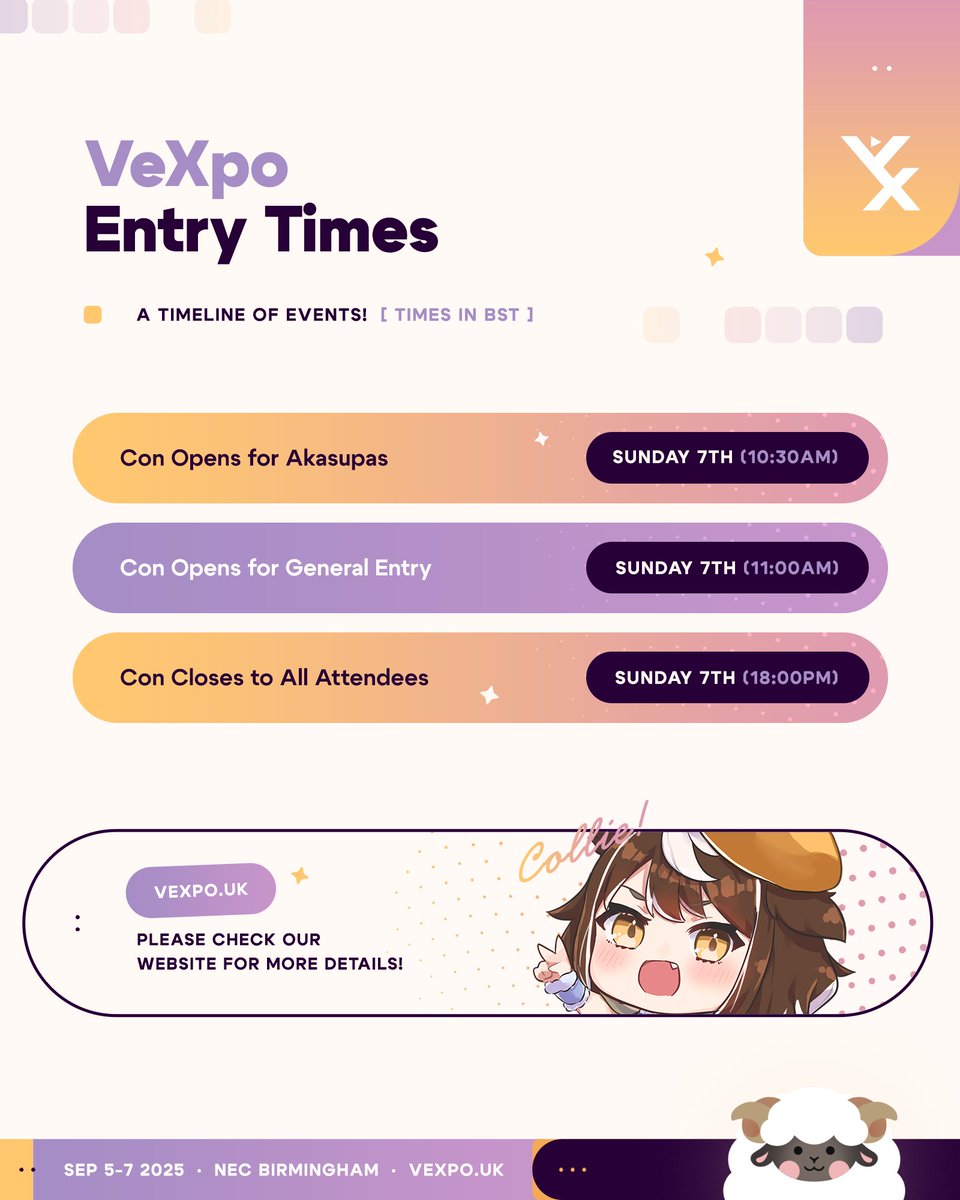 Vtuber_Expo's tweet image. 🧡Ticket opening times🧡

Note down the times VeXpo is open, from 5th-7th September this year. Looking forward to seeing you all then! 
Please note you can still pick up your tickets Saturday or Sunday, if you have not collected Friday, during opening times.

#VeXpo2025