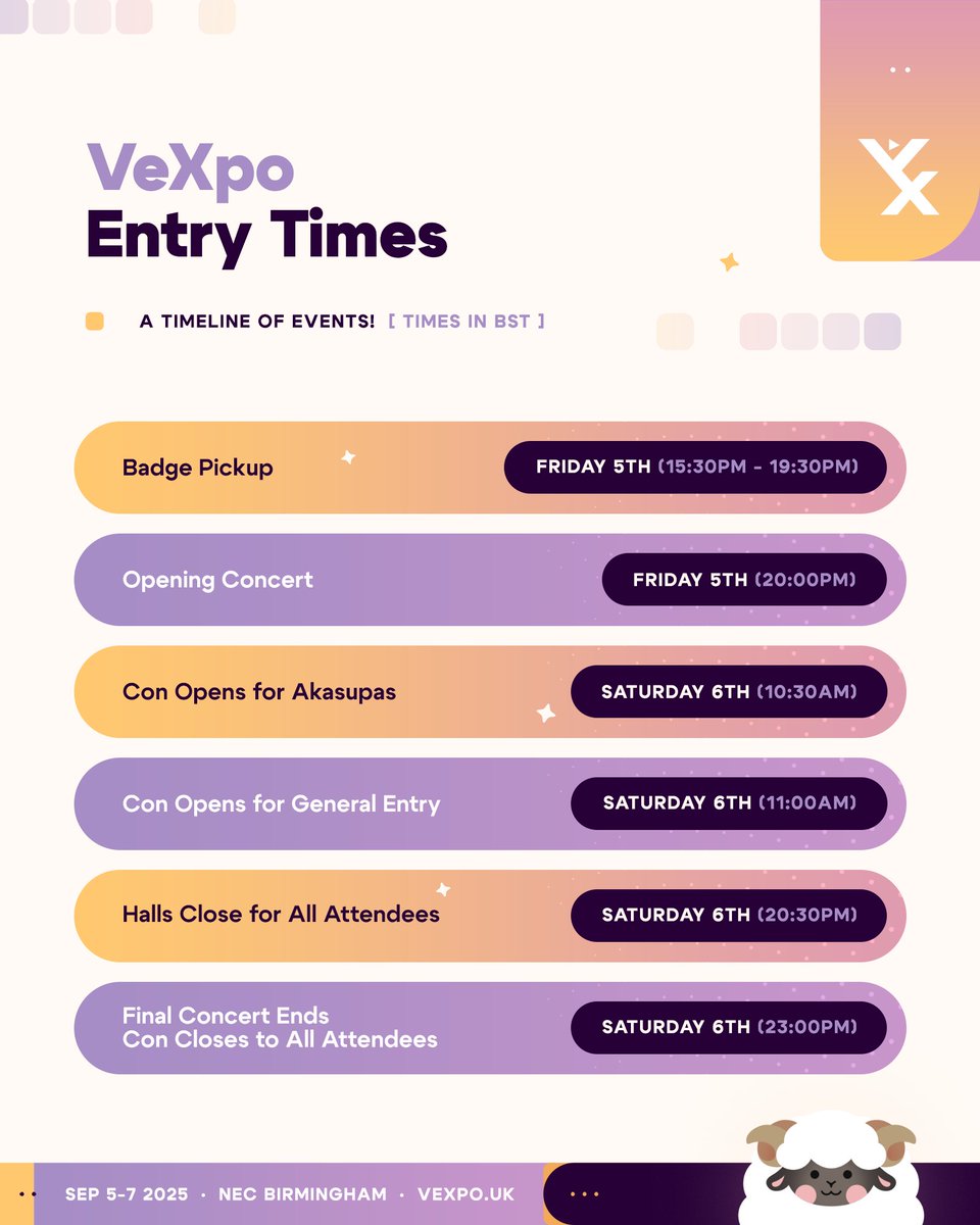 Vtuber_Expo's tweet image. 🧡Ticket opening times🧡

Note down the times VeXpo is open, from 5th-7th September this year. Looking forward to seeing you all then! 
Please note you can still pick up your tickets Saturday or Sunday, if you have not collected Friday, during opening times.

#VeXpo2025