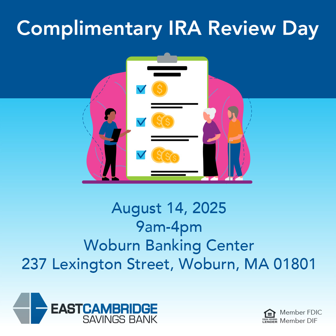 Have questions about Individual Retirement Accounts (IRAs)? Join us for a complimentary IRA Review Day on August 14 at our Woburn Banking Center. To learn more and to register, click here: hubs.li/Q03zYLjc0