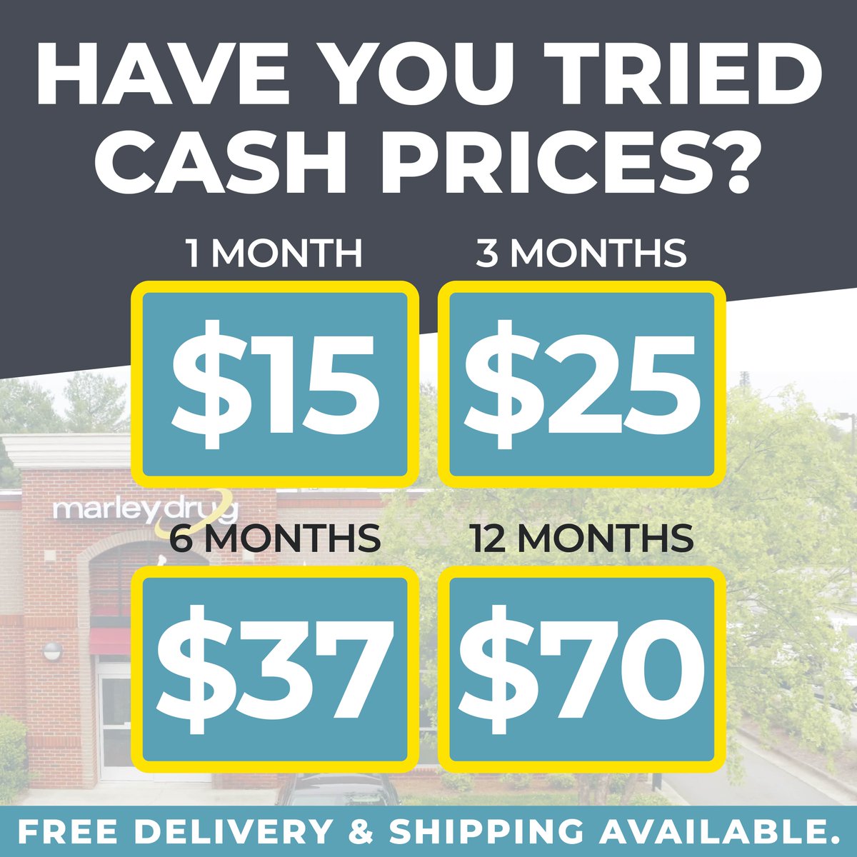 Have you considered cash prices? If you're spending too much on your scripts, Marley Drug is ready to help you find the best prices! Click to see our wholesale list, and contact us today at 336-771-7672 to transfer your prescriptions! bit.ly/4iZXczq