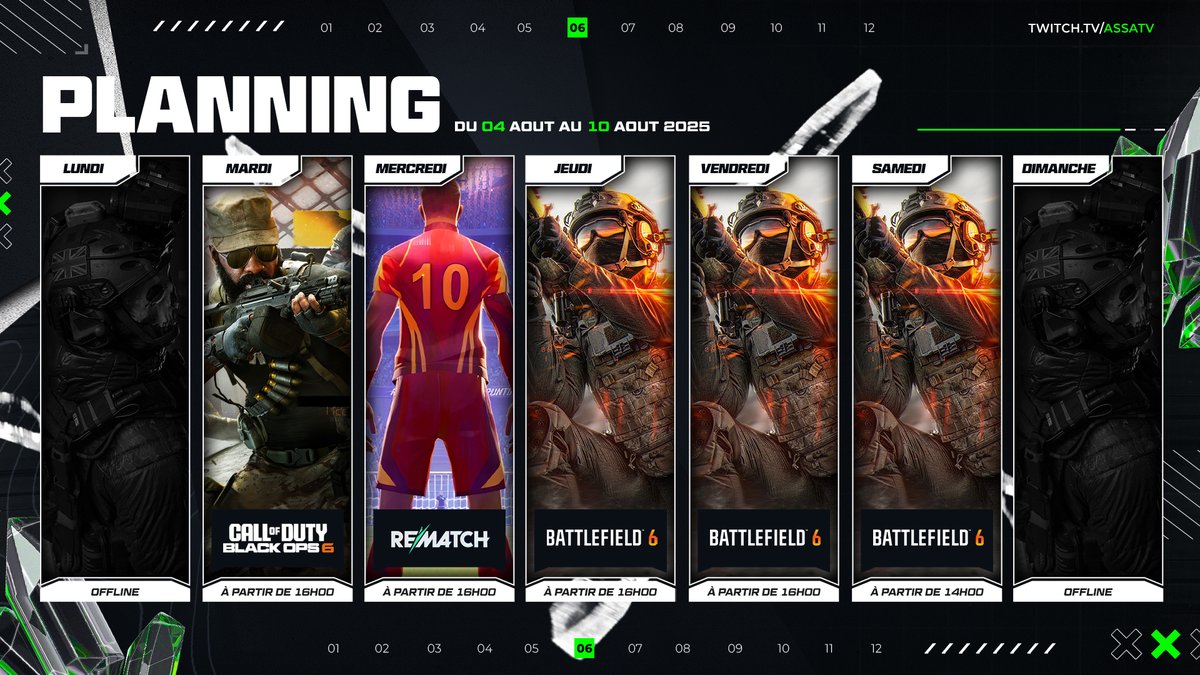 🟢Planning de la semaine🟢

▫️Du Black ops 6 pour finir le pass
▫️Du Rematch
▫️Et enfin #Battlefield6beta !

Je suis Hype 🔥

🎨Planning par le GOAT: <a href="/ExoDeTV/">ExoDe Design</a> 

➡️twitch.tv/assatv