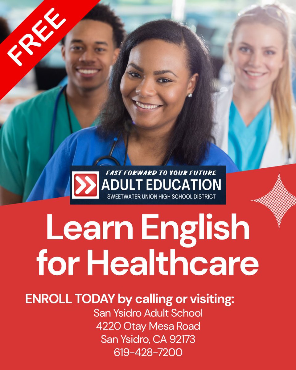 Interested in a healthcare career, but you need more English skills? Don't worry, we have a FREE class for you! Call or visit San Ysidro Adult School, 4220 Otay Mesa Road, San Ysidro, CA 619-428-7200 for more information or to register for the class. #fastforwardtoyourfuture