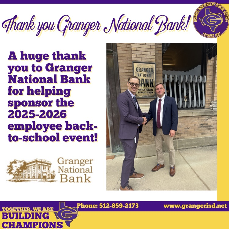 Granger_Lions's tweet image. 🦁💜 Thank you Granger National Bank for taking care of all our educators! 

#GHSPride #GrangerNationalBank #TogetherWeAreBuildingChampions