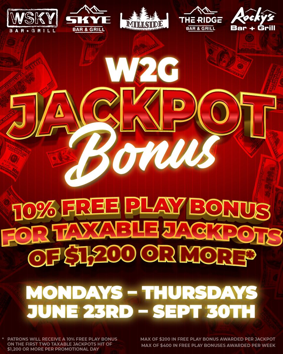 WSKYbarandgrill's tweet image. 💰 HIT BIG, WIN BIGGER 💰
Score a 10% FREE PLAY BONUS when you hit a taxable jackpot of $1,200+ — every Mon–Thurs through Sept 30th! #JackpotBonus #W2G