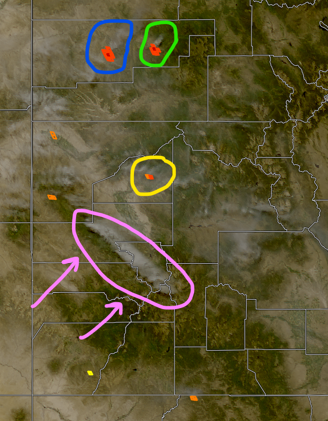 wx_chip's tweet image. Fire activity continued overnight in west CO and picking up. Strengthening SW winds evident over the Umcompahgre Plateau with orographic clouds downwind (purple). #ElkFire (green) and #GreaseFire #LeeFire (blue) putting up columns @ 1100. #LerouxFire (yellow) also active #cofire
