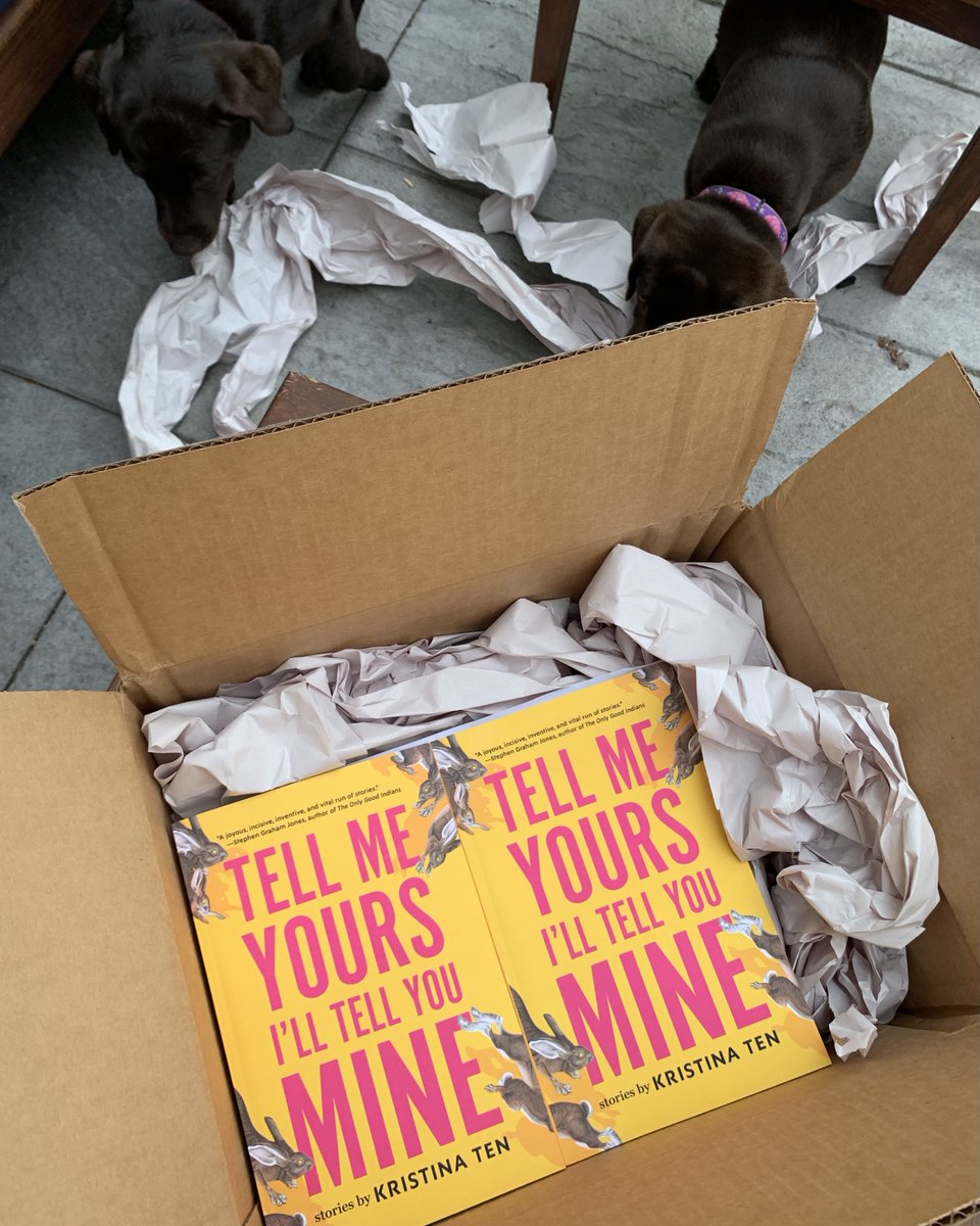 Everybody makes those unboxing videos look sooo easy, but it took no fewer than three dogs to help me do it?? Anyway, since this box of ARCs hit my doorstep, I can confirm that Tell Me Yours, I’ll Tell You Mine is officially a real, rectangular object!
