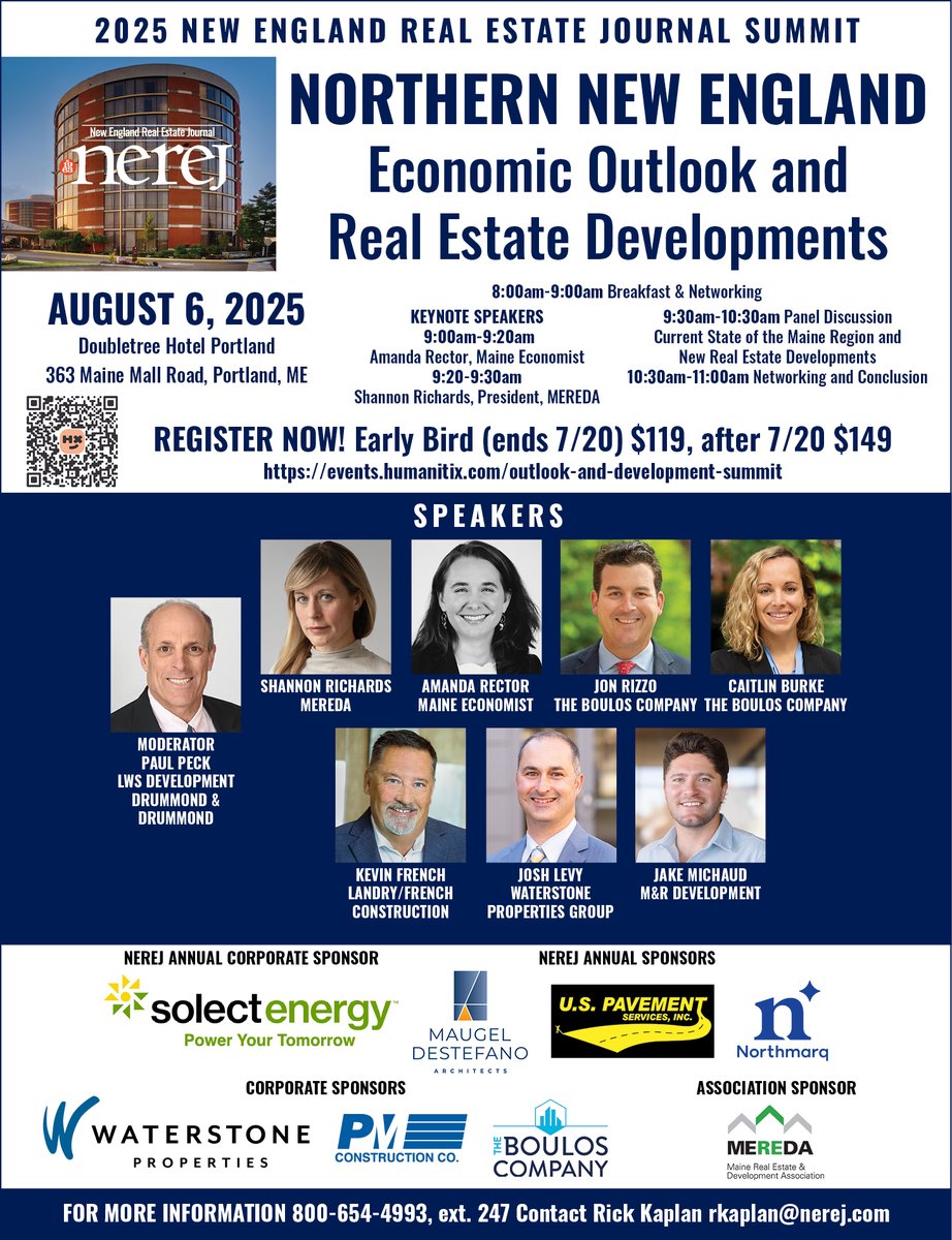 We're looking forward to attending the <a href="/NEREJ/">NEREJ</a> Northern New England Economic Outlook and Real Estate Redevelopments Summit this Wednesday in Portland.

Mark Pelletier and Robin Peters will be representing our team at the event. If you’re planning to attend, be sure to stop by our