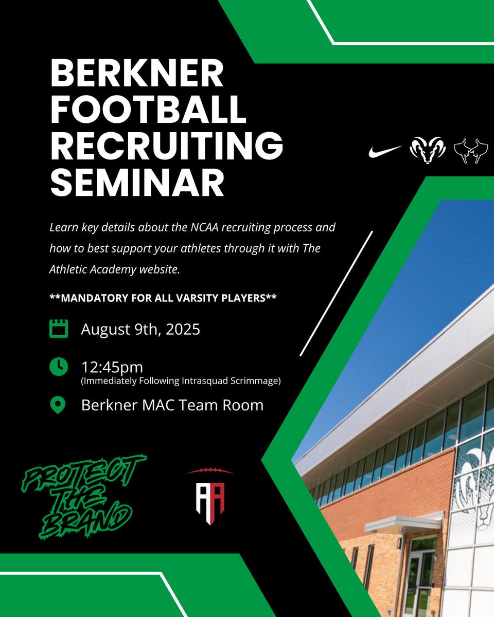 BERKNER FOOTBALL (@berknerfootball) on Twitter photo On Saturday after our scrimmage we will have a brief but very informative meeting about recruiting and navigating our new platform with <a href="/Ath_Dynasty/">The Athletic Academy</a>. This is MANDATORY for all Varsity Players! On Saturday after our scrimmage we will have a brief but very informative meeting about recruiting and navigating our new platform with <a href="/Ath_Dynasty/">The Athletic Academy</a>. This is MANDATORY for all Varsity Players!