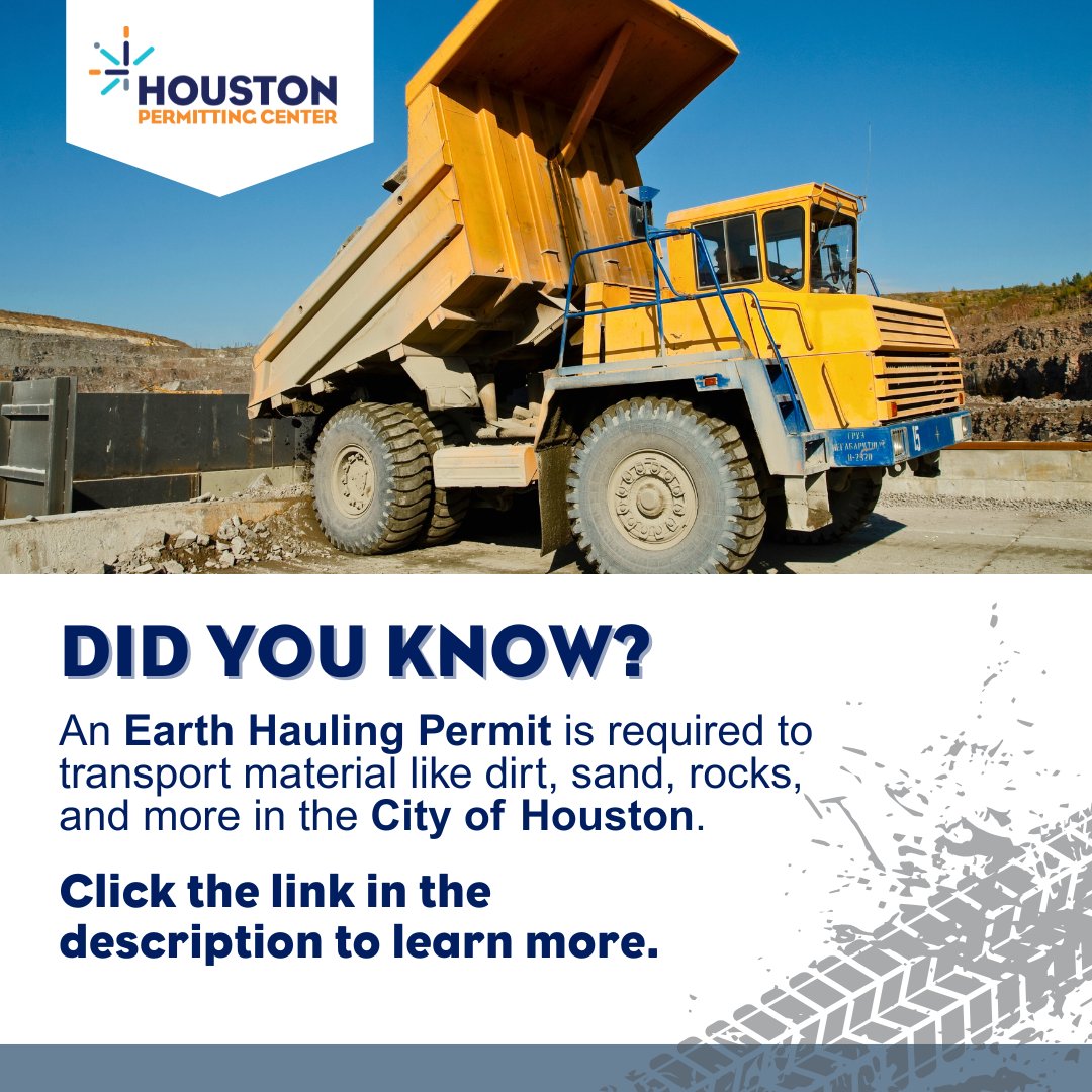 Houston Permit Cntr (@cohpermits) on Twitter photo An Earth hauling permit is required to transport minerals, rocks, and soil. Stay in compliance with city regulations by obtaining the necessary permits from the <a href="/COHPermits/">Houston Permit Cntr</a>. Click here bit.ly/3T4gloS to learn more. #BusinessOwners #HoustonContractors An Earth hauling permit is required to transport minerals, rocks, and soil. Stay in compliance with city regulations by obtaining the necessary permits from the <a href="/COHPermits/">Houston Permit Cntr</a>. Click here bit.ly/3T4gloS to learn more. #BusinessOwners #HoustonContractors