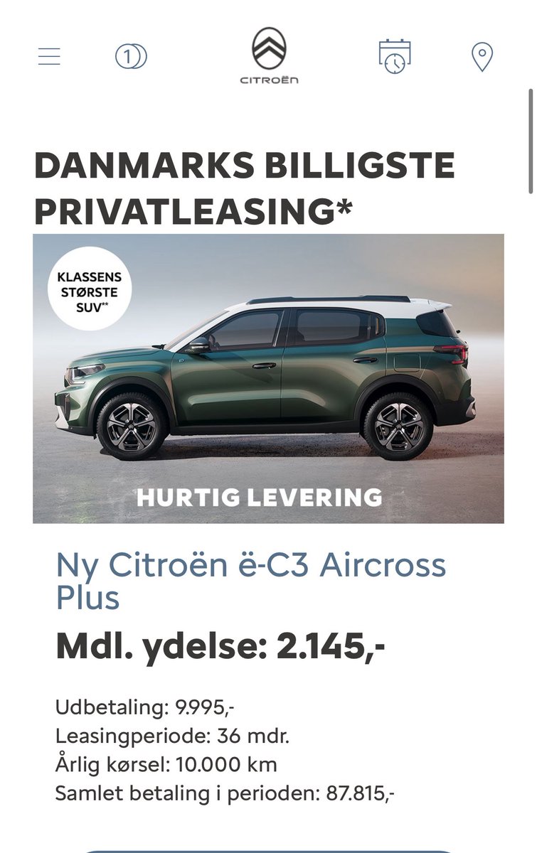 Nu bliver “de billige” elbiler rigtig billige 🚗🔌Citroen ë-C3 sænkes til 159.990 kr. frem til 31/8, mens der er kommet skarpe priser på Aircross varianten. Især privatleasingtilbud er interessant. Prisen er 2.445 kr/mdr hvis man vil have 15.000 km, men jeg tænker, at de fleste