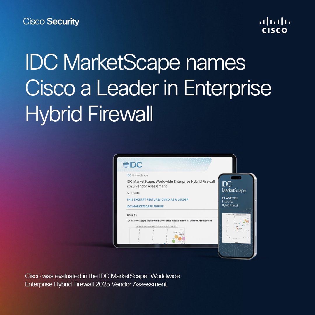 Cisco named a Leader in the IDC MarketScape: Worldwide Enterprise Hybrid Firewall 2025 Vendor Assessment. Cisco Hybrid Mesh Firewall fuses security into the network with granular controls, microsegmentation, and simplified policy management: cs.co/6016fdYZy