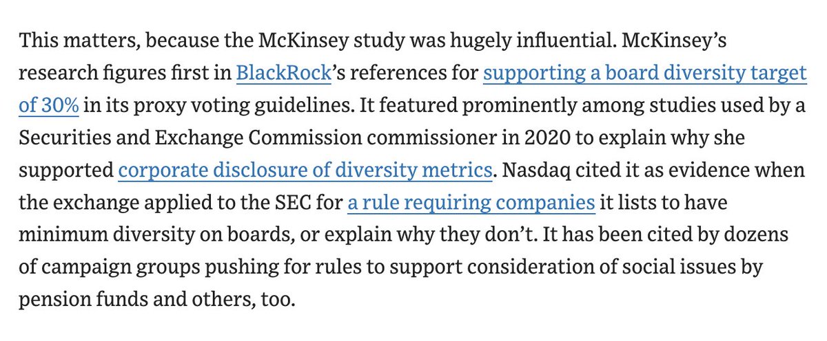 The McKinsey study that claimed diverse workforces lead to bigger profits was always fake (they won't share data, it doesn't replicate for the S&amp;P500 or other settings, and it doesn't make sense).

But fake social psych research is a demand problem, not just a supply problem.