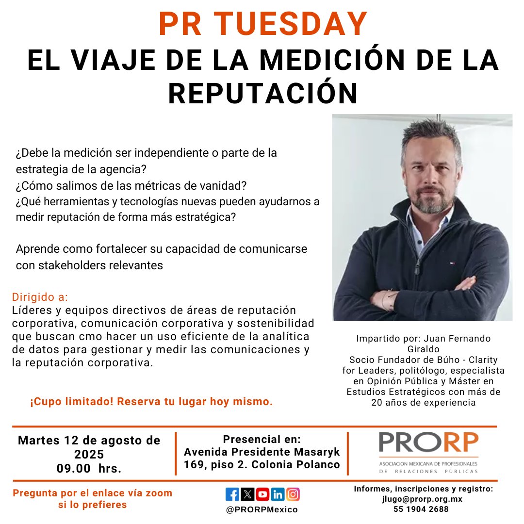Regresa el PR Tuesday a <a href="/PRORPMexico/">PRORP</a>
y hablaremos sobre: "El viaje de la medición de la reputación"  Impartido por <a href="/JuanFGiraldo/">Juan Fernando Giraldo</a> , socio fundador de Búho y especialista en Opinión Pública