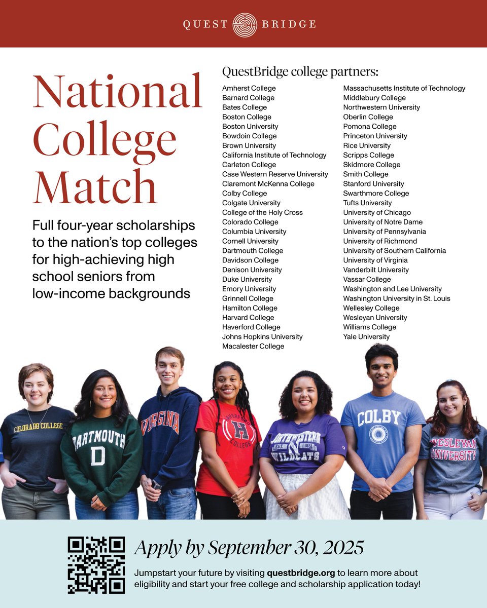 Share and re-post!

🎓 High school seniors: Apply to the National College Match by September 30 to be considered for full four-year scholarships to some of the nation’s best colleges. Find out if you are eligible and apply for free at questbridge.org/national-colle…
