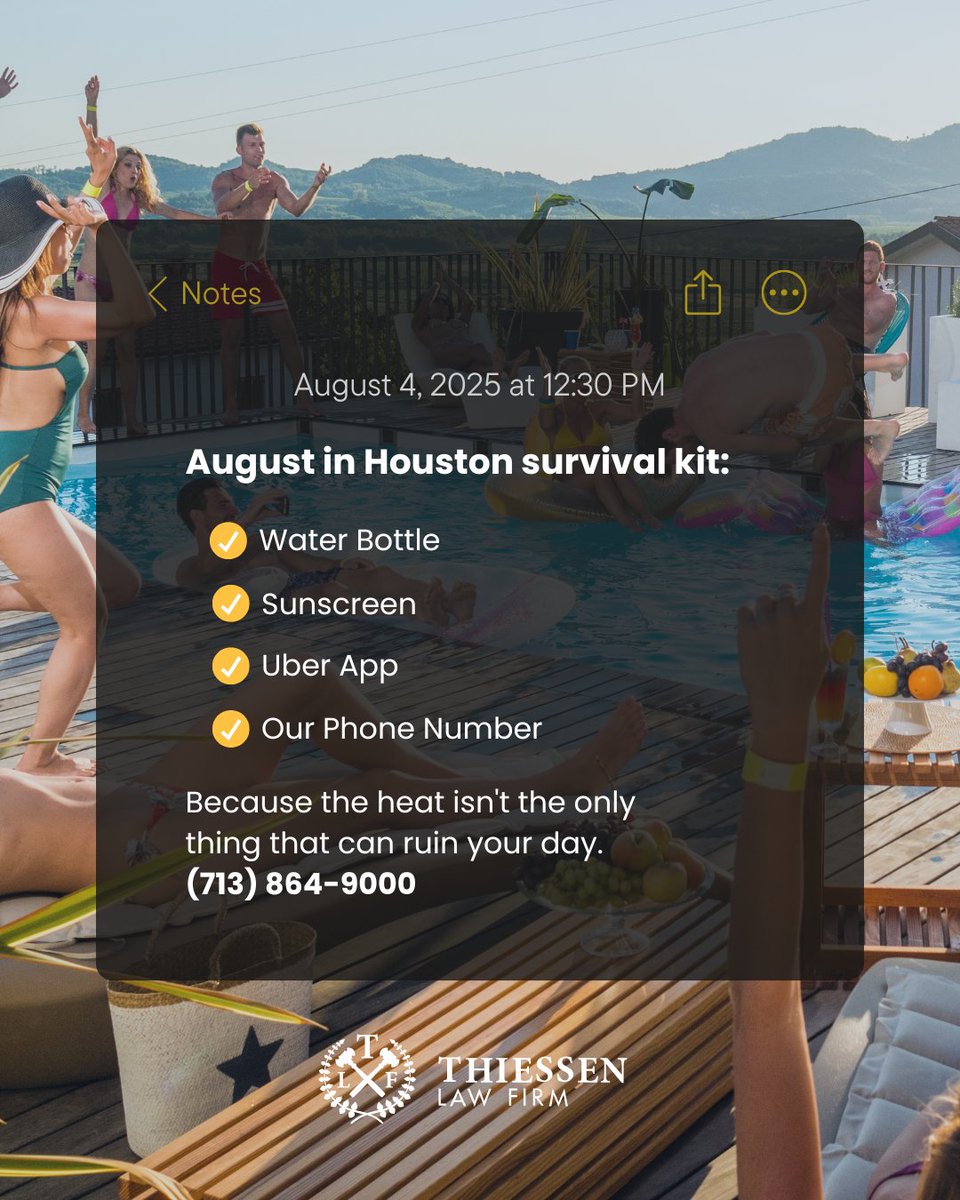 August in Houston survival kit: 
✅ Water bottle 
✅ Sunscreen
✅ Uber app 
✅ Our phone number

Because the heat isn't the only thing that can ruin your day. Stay safe out there, Houston!
(713) 864-9000