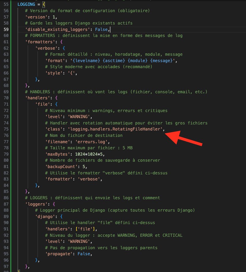 🐍 Avec #django j'ai une rotation automatique des fichiers de log.

- Taille max par fichier : 5 MB
- Nombre de fichiers max conservés : 5
- Auto-suppression : quand un 6ème fichier est créé, le plus ancien disparaît

Je capture uniquement les WARNING, ERROR et CRITICAL.
#Python