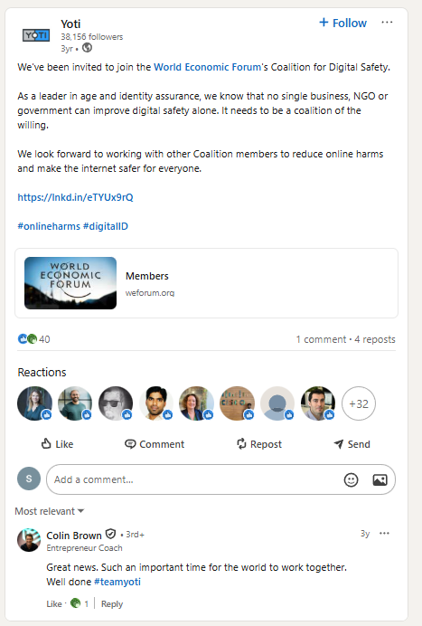 MadamSavvy's tweet photo. It never takes long for people to find the scent of the wef. Yoti did indeed join in and are proud of it. 

They partnered with the ESRB in hopes of getting approved to do the biometrics on CHILDREN but the FTC promptly shut them down. 

I'm telling you guys, there is MAD money and a MAD DASH for this "software". Yoti is just one of the groups being the loudest and quickest. Now they work with Spotify. 

Very stinky.