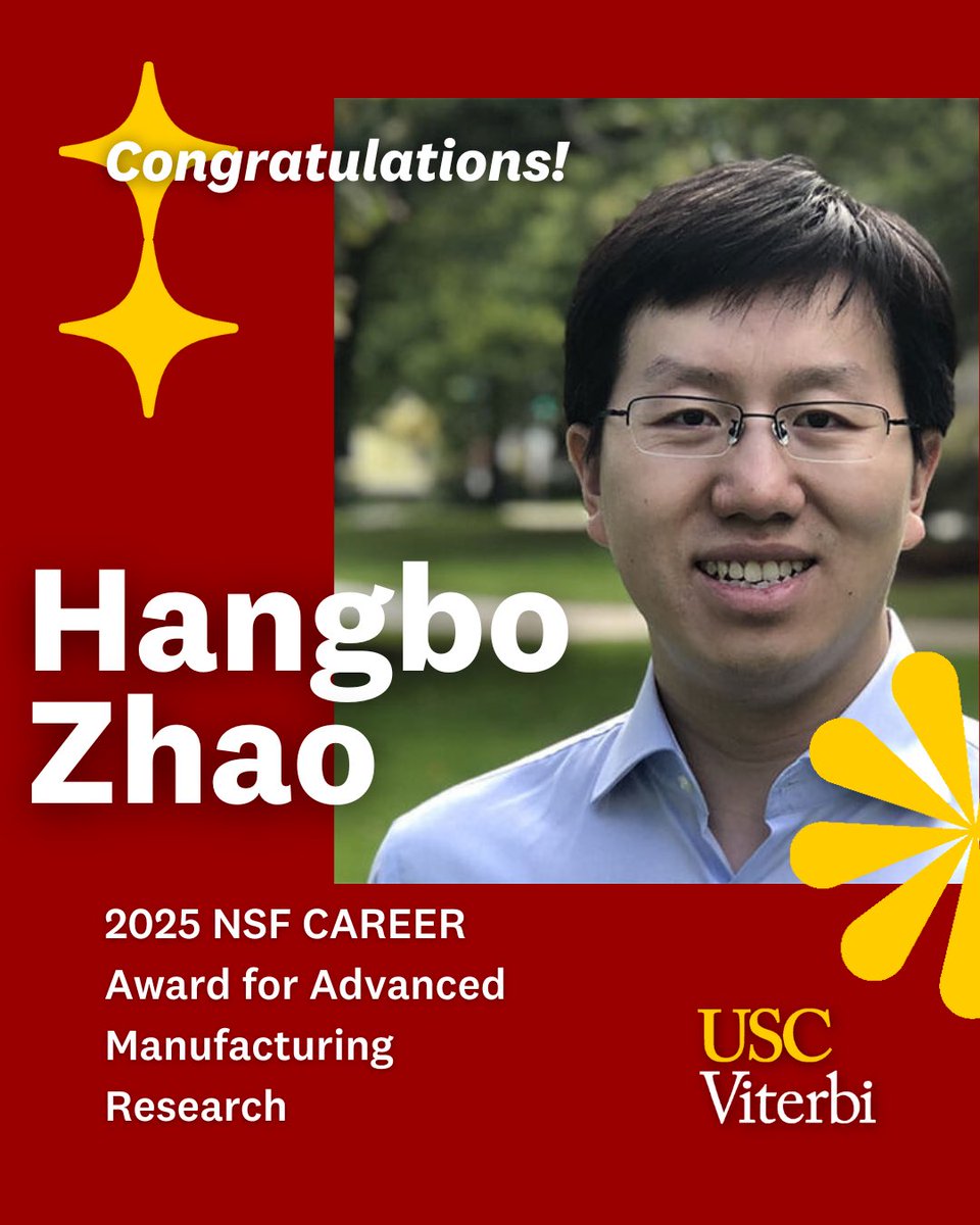 USC Viterbi School (@uscviterbi) on Twitter photo Congrats to <a href="/uscviterbi_ame/">USC Aerospace and Mechanical Engineering</a> Prof. Hangbo Zhao on receiving a 2025 NSF CAREER Award for Advanced Manufacturing Research!
Tap the link to read more: viterbischool.usc.edu/news/2025/07/h… Congrats to <a href="/uscviterbi_ame/">USC Aerospace and Mechanical Engineering</a> Prof. Hangbo Zhao on receiving a 2025 NSF CAREER Award for Advanced Manufacturing Research!
Tap the link to read more: viterbischool.usc.edu/news/2025/07/h…