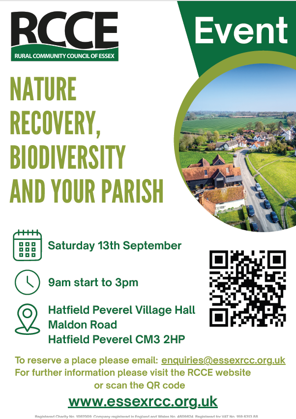 Nature Recovery in Essex
📅 Sat 13 Sept | 🕘 9AM–3PM
 📍Hatfield Peverel Village Hall
Join RCCE’s flagship event on biodiversity &amp; community planning!
🎤 Inspiring speakers
🧠 Workshops
🍽️ Buffet lunch
🎟️ £35/£75 📲 Book: essexrcc.org.uk
🌍 Tag your parish &amp; eco friends!