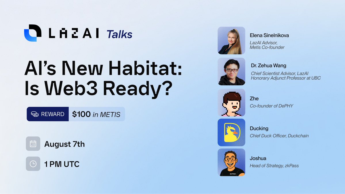 LazAI (@lazainetwork) on Twitter photo 1/2
🎙️ Welcome to the third episode of LazTalks - AI’s New habitat: Is Web3 ready?
x.com/i/spaces/1vAxR…
We will be sitting down with <a href="/ElenaCryptoChic/">Elena Sinelnikova</a> from <a href="/MetisL2/">Metis🌿</a>, our very own chief advisor, <a href="/iamblockchaindr/">Prof. Zehua Wang</a>, <a href="/Zhe_DePHY/">Zhewang.sol</a> from <a href="/dephynetwork/">DePHY</a>, <a href="/Ducking_chain/">Ducking</a> from <a href="/Duck_Chain/">DuckChain</a>, 1/2
🎙️ Welcome to the third episode of LazTalks - AI’s New habitat: Is Web3 ready?
x.com/i/spaces/1vAxR…
We will be sitting down with <a href="/ElenaCryptoChic/">Elena Sinelnikova</a> from <a href="/MetisL2/">Metis🌿</a>, our very own chief advisor, <a href="/iamblockchaindr/">Prof. Zehua Wang</a>, <a href="/Zhe_DePHY/">Zhewang.sol</a> from <a href="/dephynetwork/">DePHY</a>, <a href="/Ducking_chain/">Ducking</a> from <a href="/Duck_Chain/">DuckChain</a>,