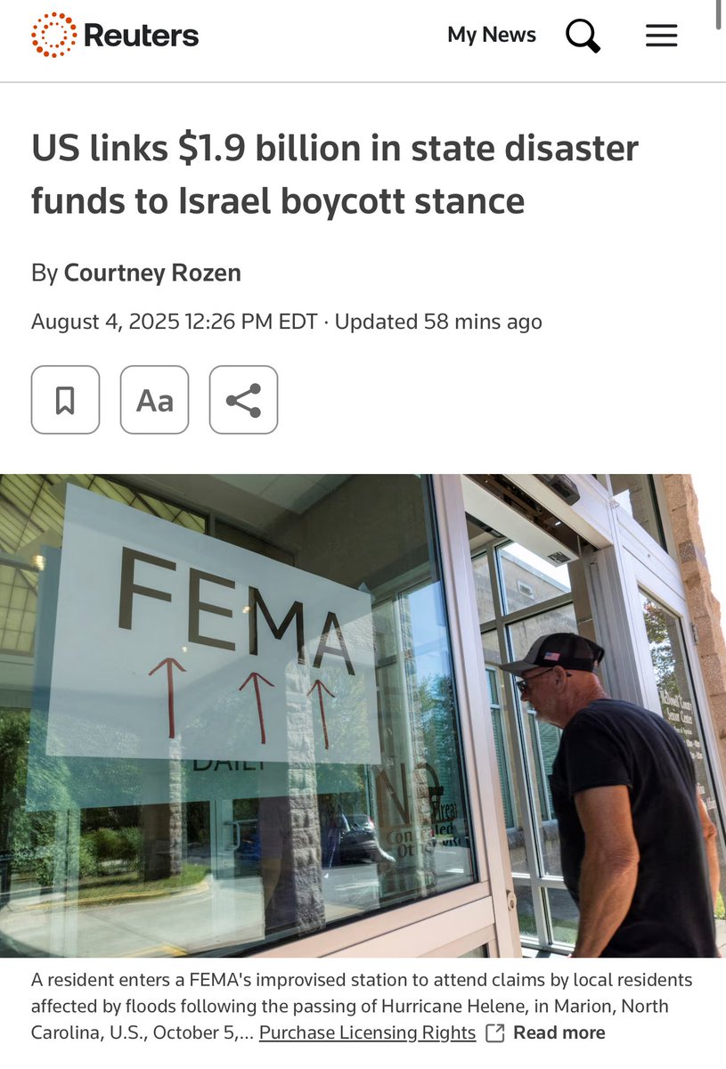 Holy shit. The Trump administration will BLOCK states from receiving disaster relief if they boycott Israel. 

Hey MAGA, explain how this is American First? Forget first, this isn’t a sovereign nation if they can block your tax dollars on behalf of a foreign government loyalty