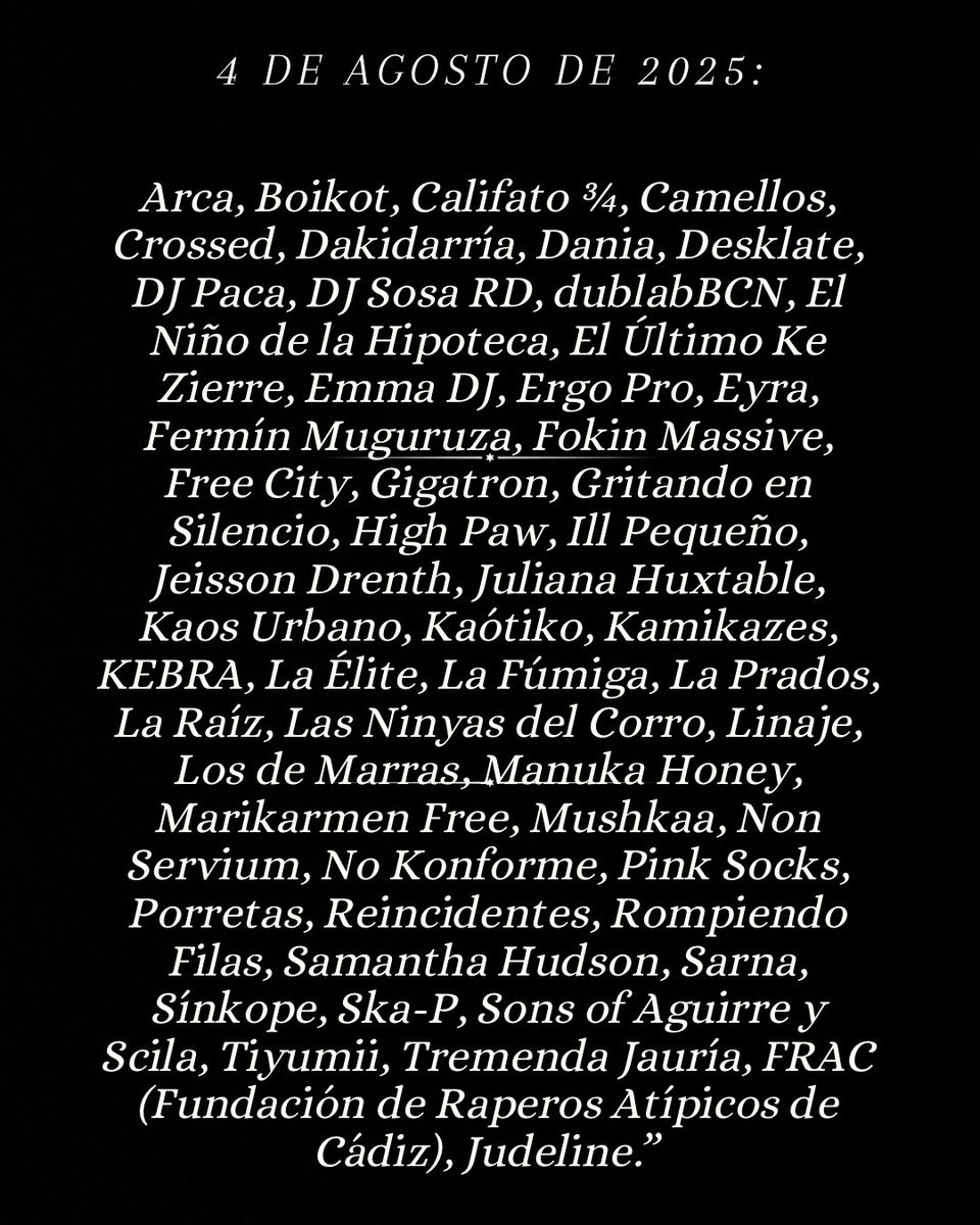 🇵🇸 Si no sabéis qué música escuchar (y apoyar) este verano, aquí tenéis una pista.

📍Lista actualizada a 4 de Agosto de 2025.