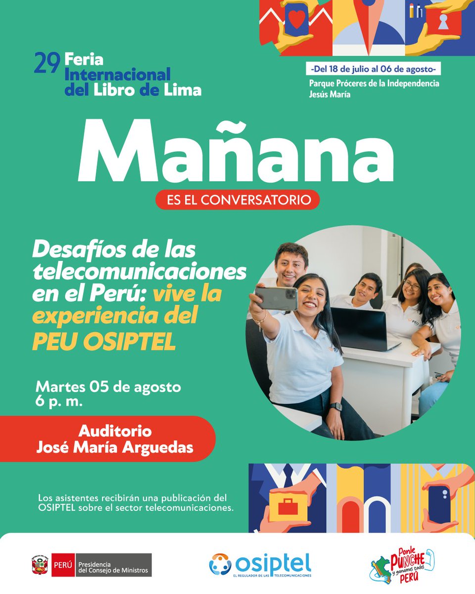#FILLima2025📚 ¡El #PEUOSIPTEL🎓 está por comenzar!​

Egresado o estudiante de último ciclo de Derecho, Economía o Ingeniería, participa en el conversatorio “Desafíos de las #Telecom en el Perú: vive la experiencia del PEU” y conoce cómo potenciar tu carrera en este sector.