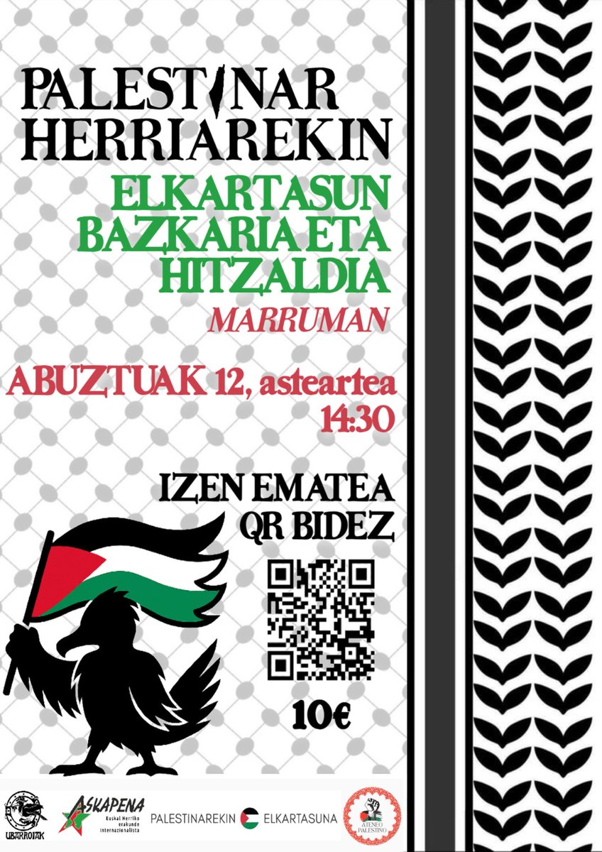 🇵🇸 PALESTINAREKIN ELKARTASUN BAZKARIA 🇵🇸

Bazkalostean hitzaldia izango dugu Taher Aliren eskutik (Ateneo Palestino) eta Askapena eta Palestinarekin Elkartasuna kolektiboekin batera.

👉 Apuntatzeko, bete hurrengo forms hau: forms.gle/3EocJb9tpFimM9…