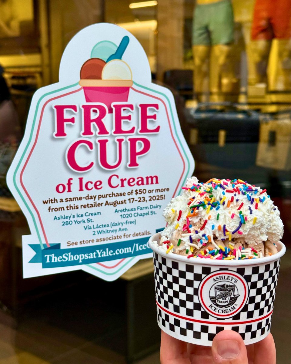 Summer just got sweeter 🍦 Spend $50 at participating retailers at The Shops at Yale and get a free cup of ice cream from Ashley’s, Arethusa, or Via Láctea!

🗓️ August 10–23
📍 New Haven, CT

Details: l8r.it/B12W

#theshopsatyale