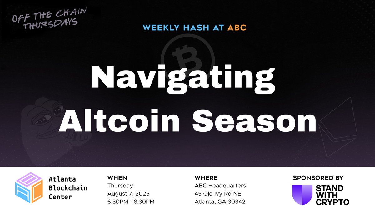 This week at Atlanta Blockchain Center, we’re breaking down the signals that point to the arrival of Altcoin Season. From shifts in Bitcoin dominance to Ethereum’s role in leading market rotations, we’ll explore the key indicators that seasoned investors watch when the market