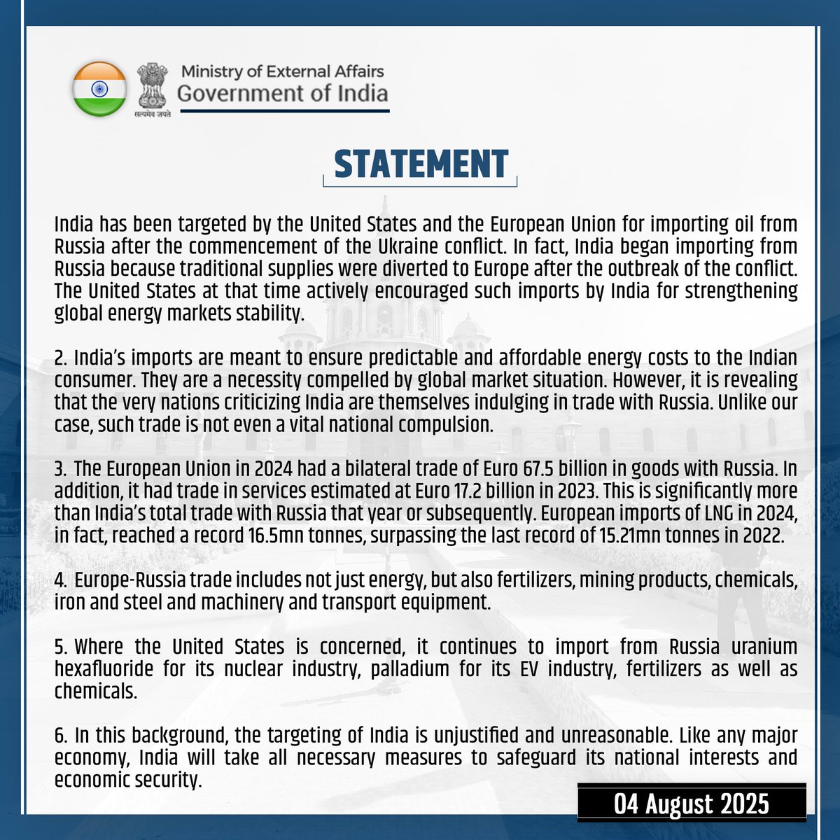 DD News (@ddnewslive) on Twitter photo Targeting of India by the #UnitedStates and the #EuropeanUnion for importing oil from #Russia unjustified and unreasonable: <a href="/MEAIndia/">Randhir Jaiswal</a> after #Trump says US will hike tariffs over Russian oil
#USTariffs #DonaldTrump #TradeWar #IndiaUSTrade Targeting of India by the #UnitedStates and the #EuropeanUnion for importing oil from #Russia unjustified and unreasonable: <a href="/MEAIndia/">Randhir Jaiswal</a> after #Trump says US will hike tariffs over Russian oil
#USTariffs #DonaldTrump #TradeWar #IndiaUSTrade
