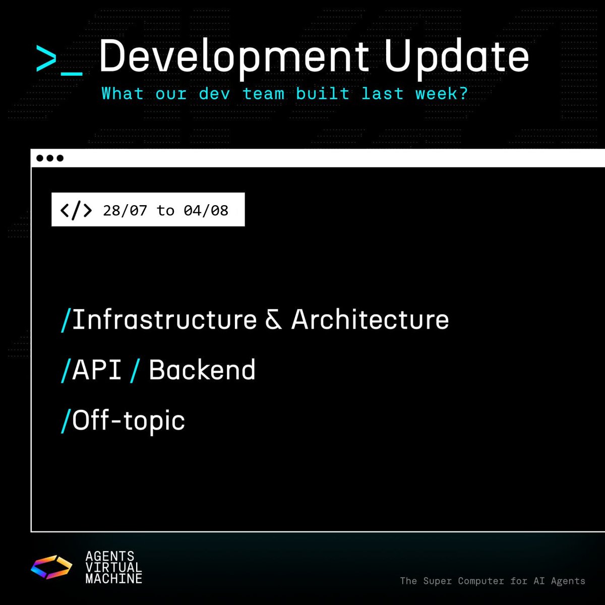 AVM Development Update

Infrastructure &amp; Architecture:
• Set up testing infrastructure for the creation of advanced sandboxes/load and usage
• Refined the orchestration and sandbox spawning algorithm using new infrastructure

API &amp; Backend:
• Finalized progress on payment and