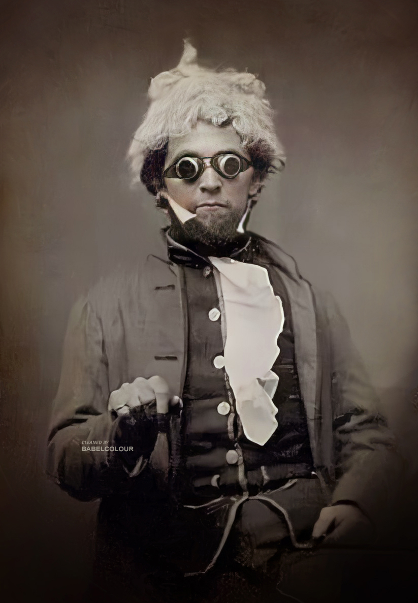 Steampunk was real! I've cleaned-up this arresting Victorian ambrotype portrait on glass, depicting a very striking Ojibwa tracker, with snow goggles and a fur hat, photographed 175 years ago in St. Paul, Minnesota, USA.