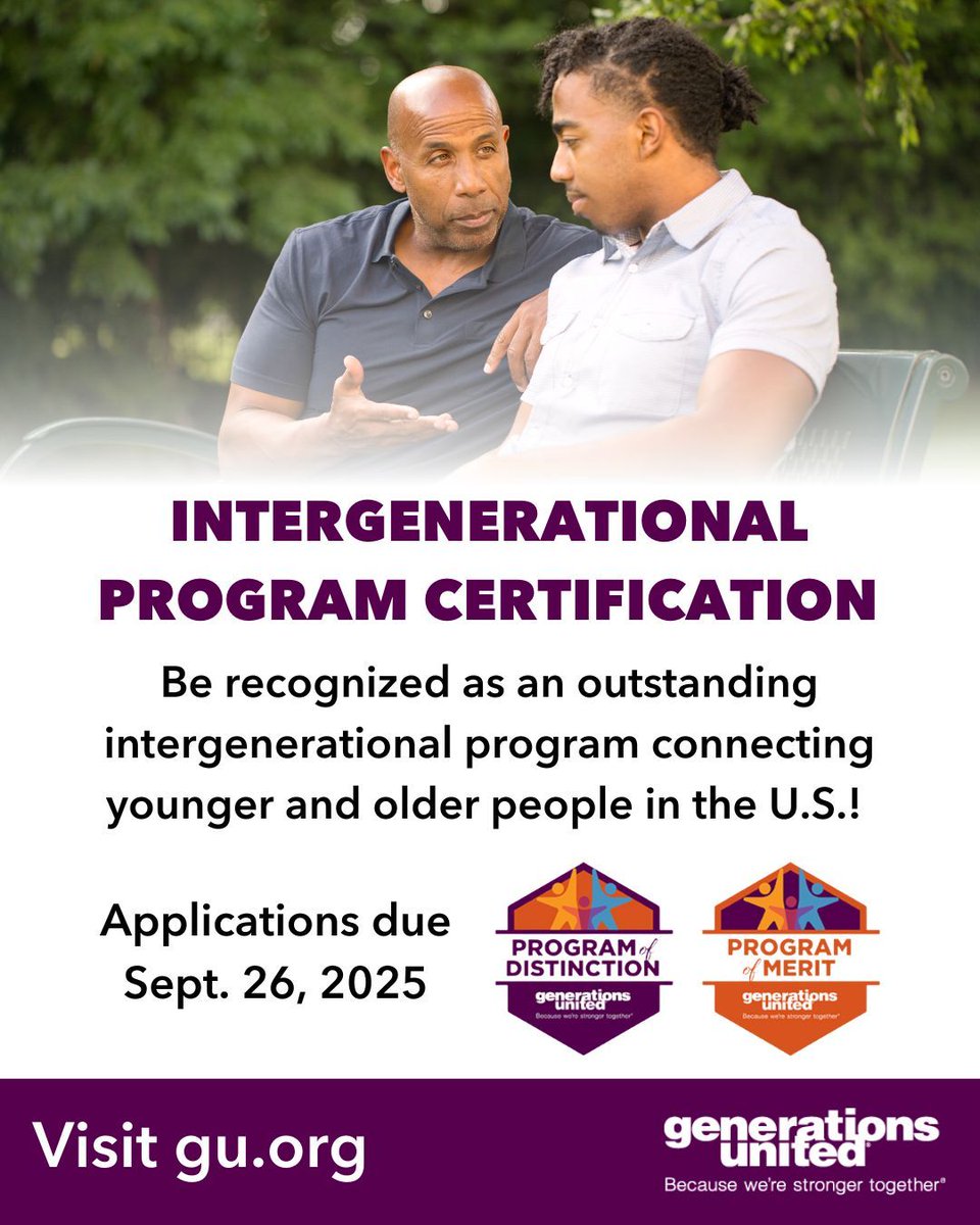 Calling all intergenerational programs! We're accepting applications to recognize outstanding intergenerational programs that connect younger and older people in the U.S.
🏅 Program of Distinction
✅ Program of Merit

📅  Apply by Sept. 26, 2025
🔗 buff.ly/UZs0hFK